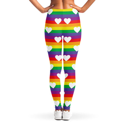 White Heart On LGBT Pride Striped Print Women's Leggings