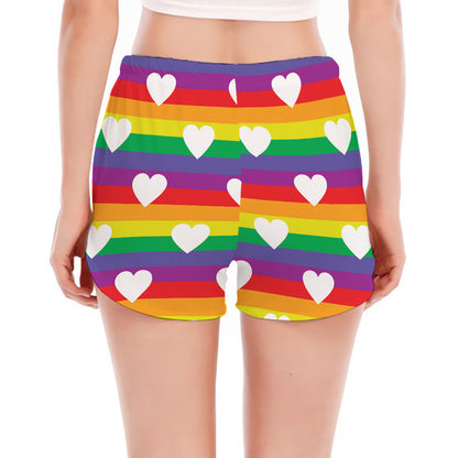 White Heart On LGBT Pride Striped Print Women's Split Running Shorts