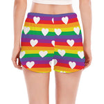White Heart On LGBT Pride Striped Print Women's Split Running Shorts