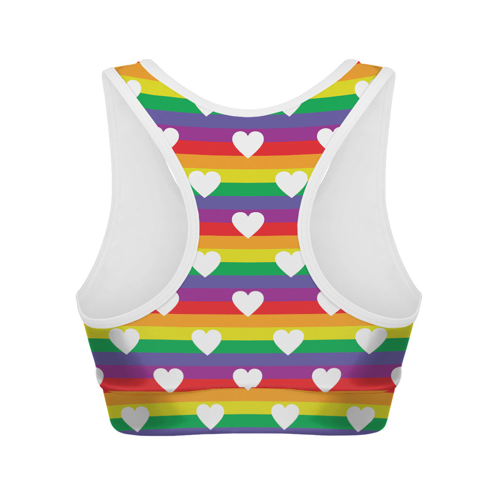 White Heart On LGBT Pride Striped Print Women's Sports Bra