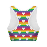 White Heart On LGBT Pride Striped Print Women's Sports Bra