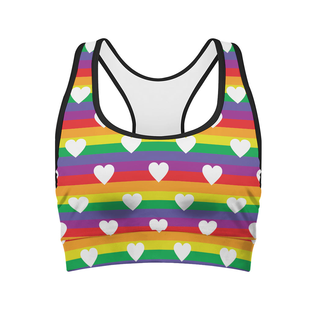 White Heart On LGBT Pride Striped Print Women's Sports Bra