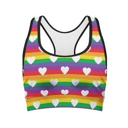 White Heart On LGBT Pride Striped Print Women's Sports Bra