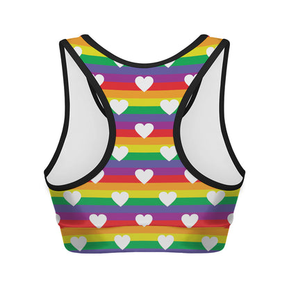 White Heart On LGBT Pride Striped Print Women's Sports Bra