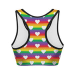 White Heart On LGBT Pride Striped Print Women's Sports Bra