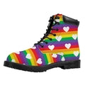 White Heart On LGBT Pride Striped Print Padded Collar Lace Up Boots