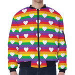 White Heart On LGBT Pride Striped Print Zip Sleeve Bomber Jacket