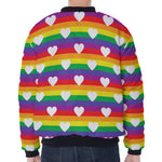 White Heart On LGBT Pride Striped Print Zip Sleeve Bomber Jacket