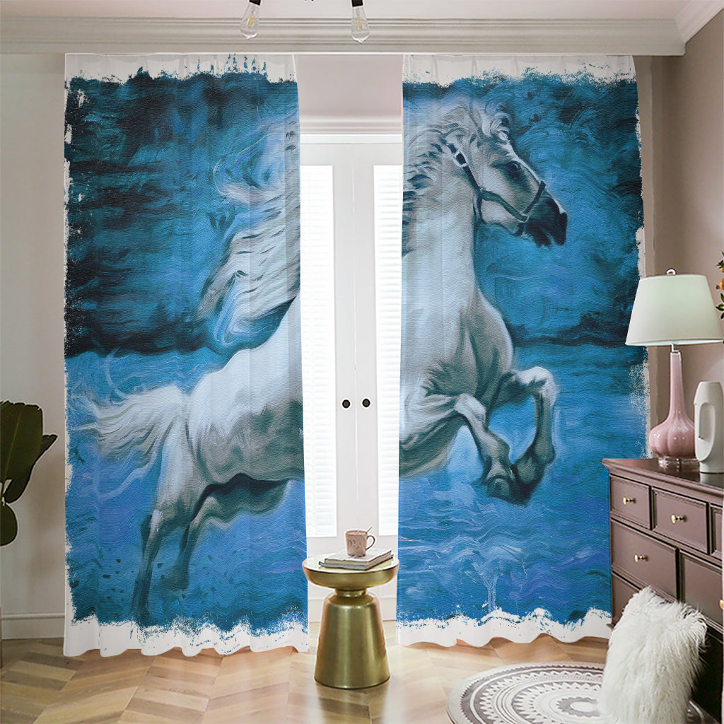 White Horse Painting Print Blackout Pencil Pleat Curtains