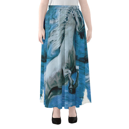 White Horse Painting Print Chiffon Maxi Skirt