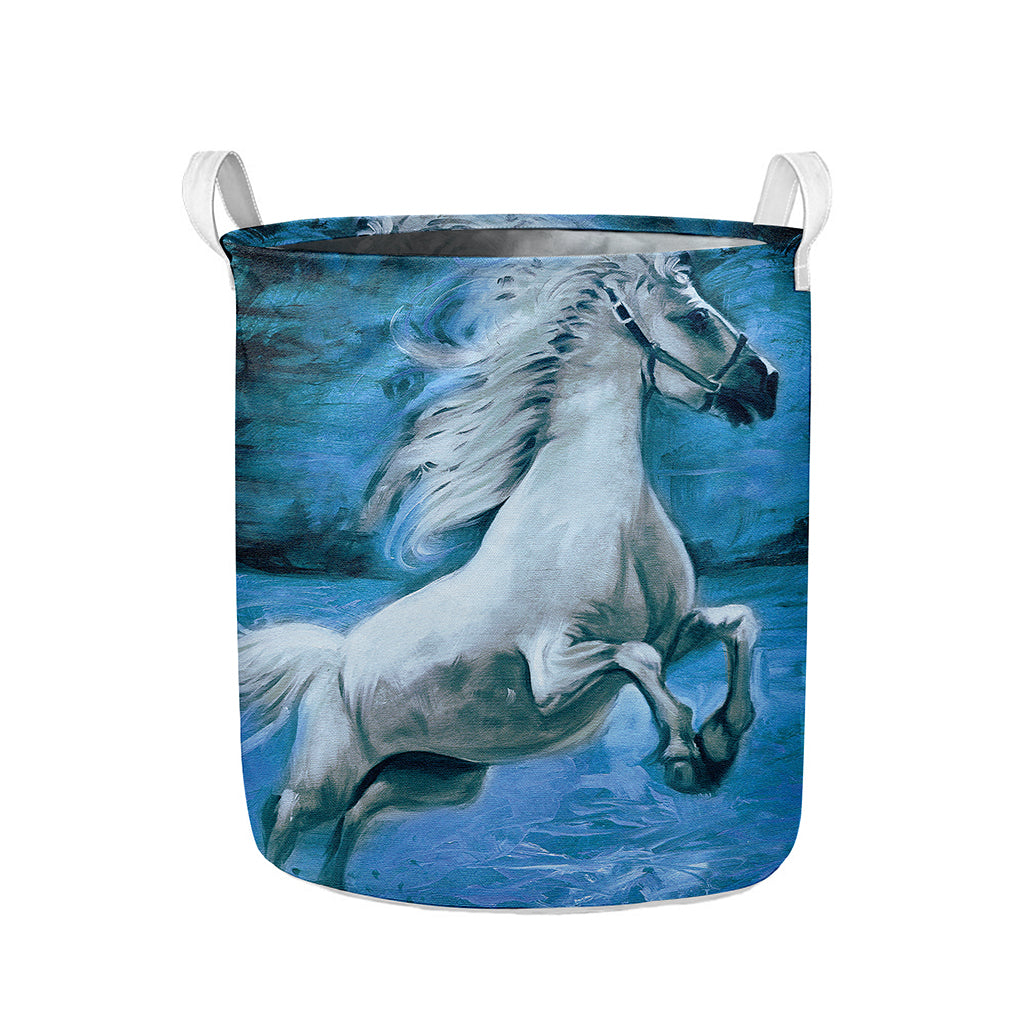 White Horse Painting Print Collapsible Laundry Basket