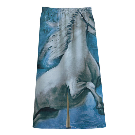 White Horse Painting Print Cotton Front Slit Maxi Skirt
