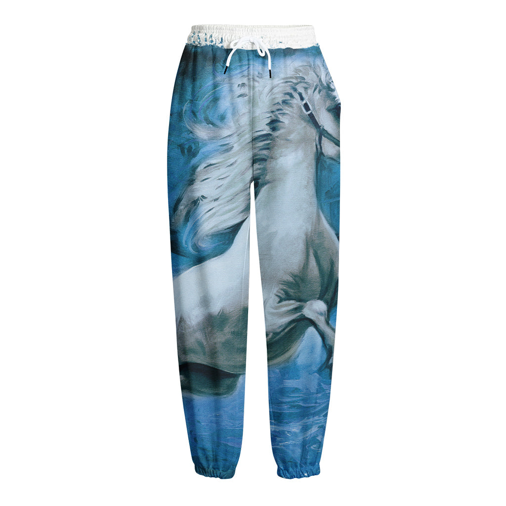 White Horse Painting Print Fleece Lined Knit Pants