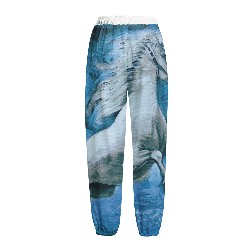 White Horse Painting Print Fleece Lined Knit Pants