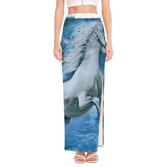 White Horse Painting Print High Slit Maxi Skirt