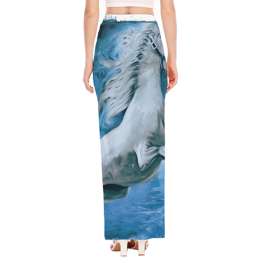 White Horse Painting Print High Slit Maxi Skirt