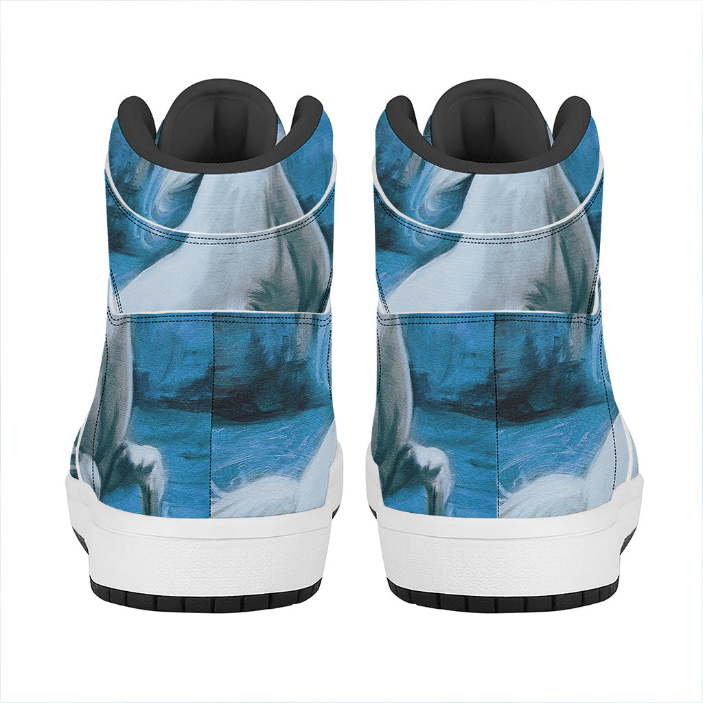 White Horse Painting Print High Top Leather Sneakers