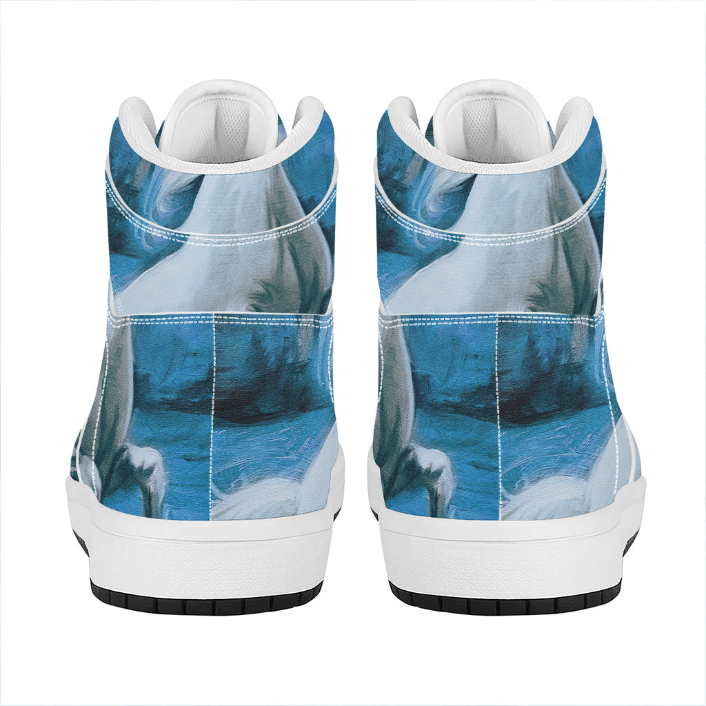 White Horse Painting Print High Top Leather Sneakers