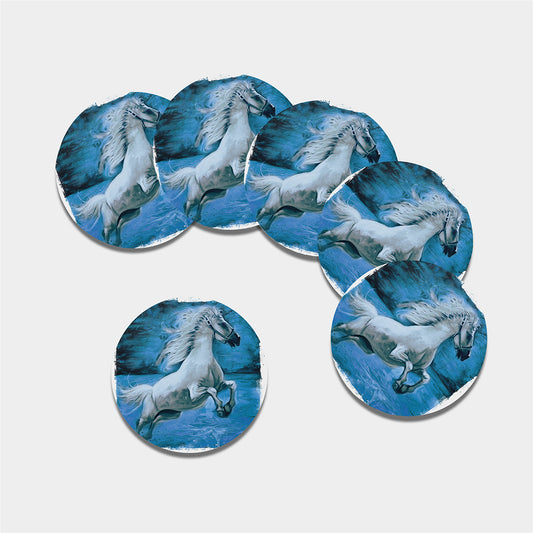 White Horse Painting Print Leather Coaster Set