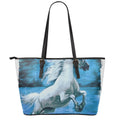White Horse Painting Print Leather Tote Bag With Zipper