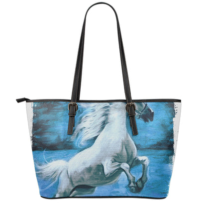 White Horse Painting Print Leather Tote Bag