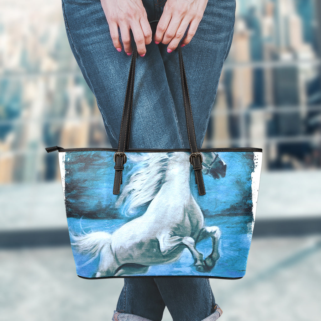 White Horse Painting Print Leather Tote Bag