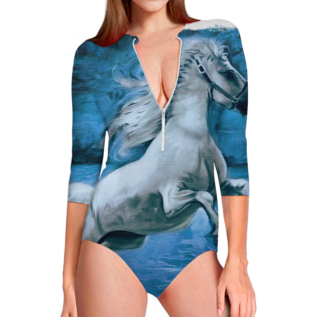 White Horse Painting Print Long Sleeve Swimsuit