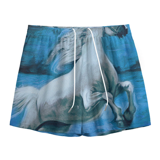 White Horse Painting Print Mesh Shorts