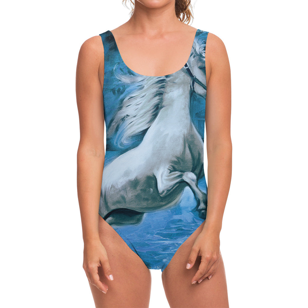 White Horse Painting Print One Piece Swimsuit