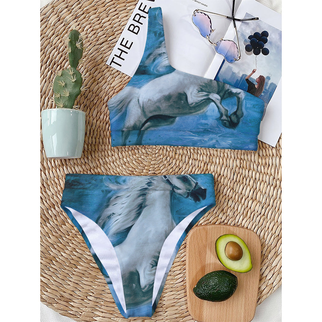 White Horse Painting Print One Shoulder Bikini Top