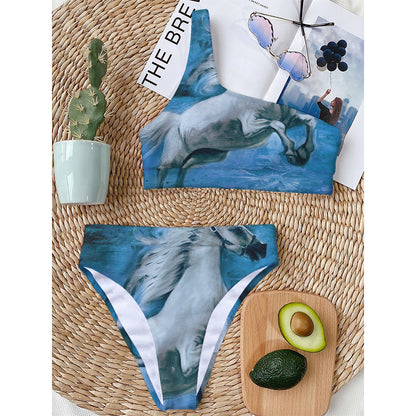 White Horse Painting Print One Shoulder Bikini Top