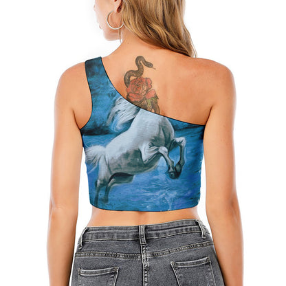 White Horse Painting Print One Shoulder Crop Top