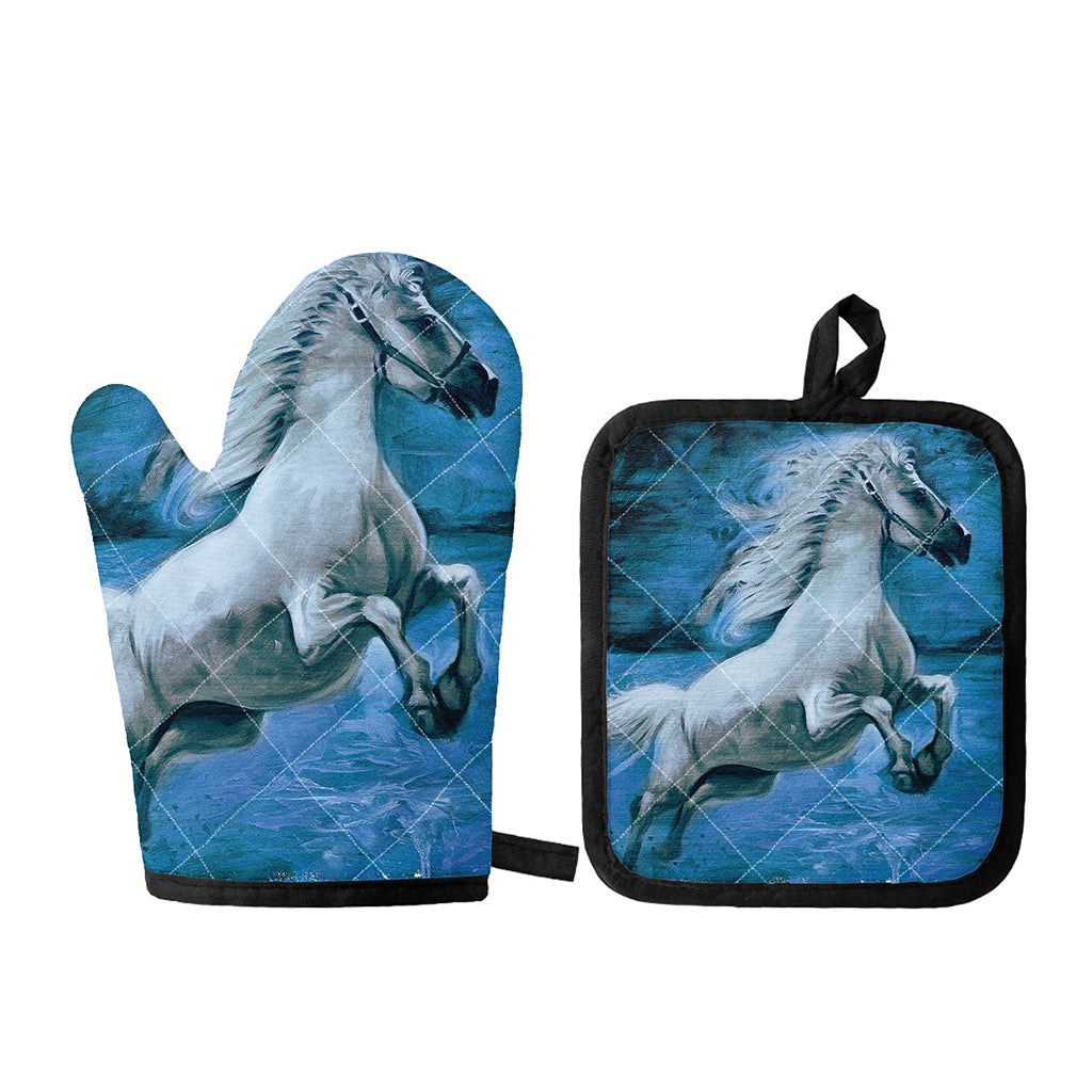 White Horse Painting Print Oven Mitt And Pot Holder Set