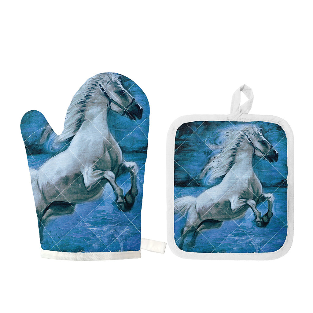 White Horse Painting Print Oven Mitt And Pot Holder Set
