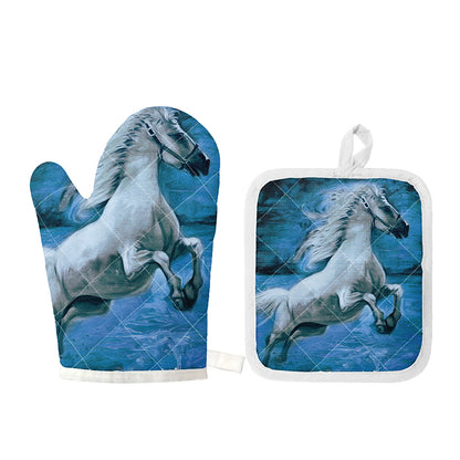 White Horse Painting Print Oven Mitt And Pot Holder Set