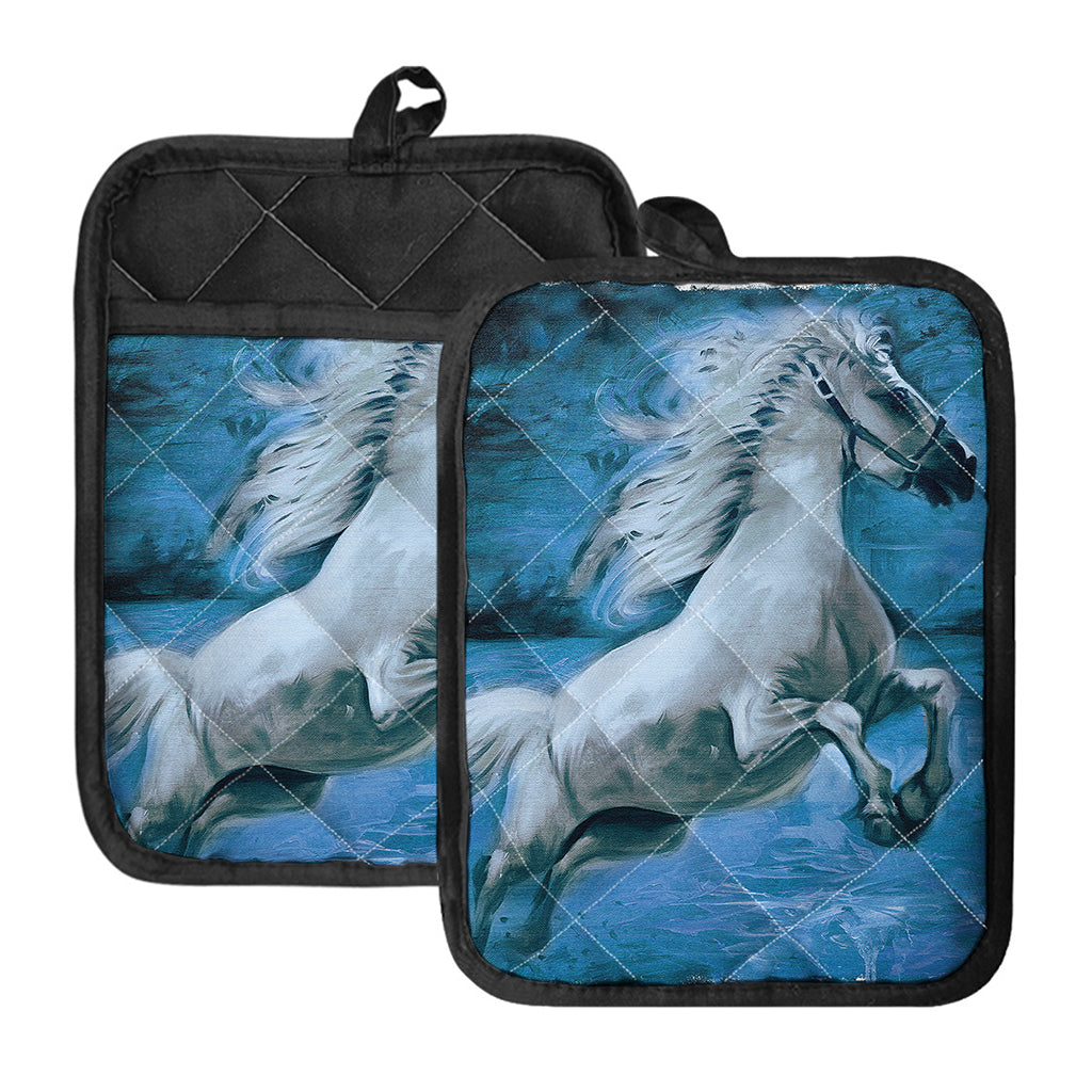 White Horse Painting Print Pot Holders With Pocket