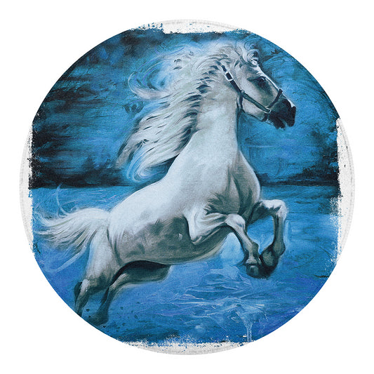 White Horse Painting Print Round Blanket