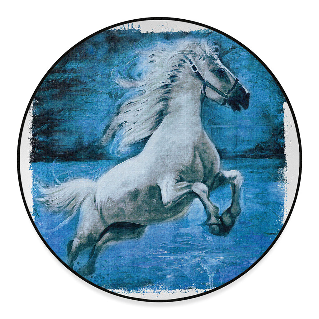 White Horse Painting Print Round Floor Mat