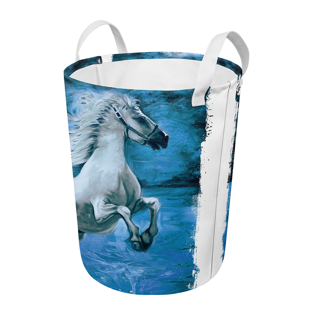 White Horse Painting Print Round Laundry Basket