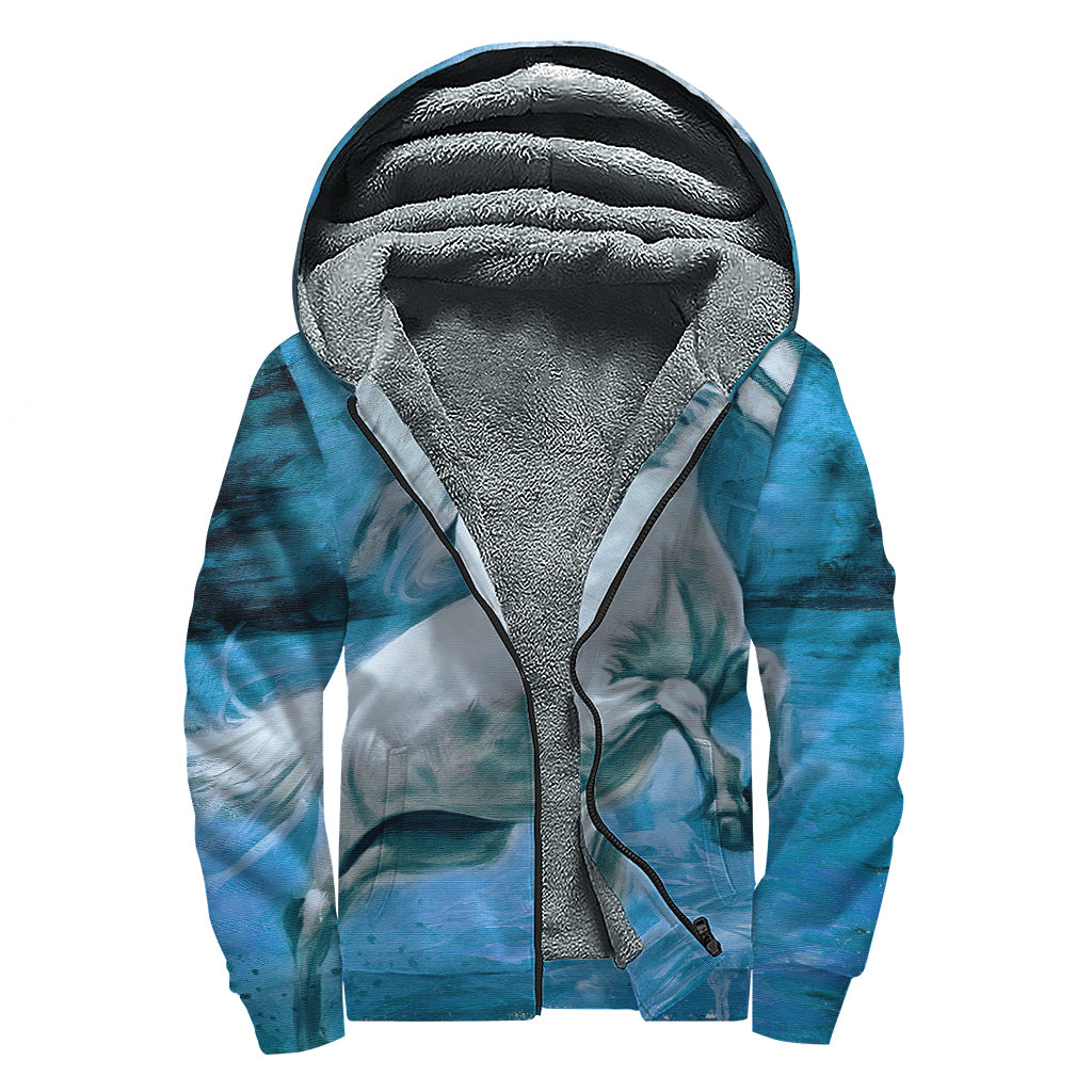 White Horse Painting Print Sherpa Lined Zip Up Hoodie