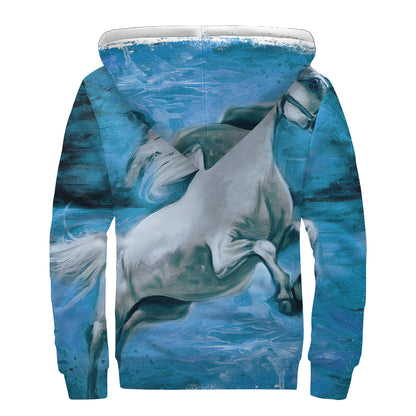 White Horse Painting Print Sherpa Lined Zip Up Hoodie