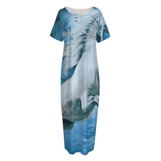 White Horse Painting Print Short Sleeve Long Nightdress