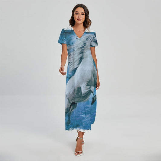 White Horse Painting Print Short Sleeve Maxi Dress