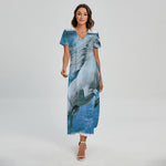 White Horse Painting Print Short Sleeve Maxi Dress