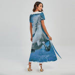 White Horse Painting Print Short Sleeve Maxi Dress