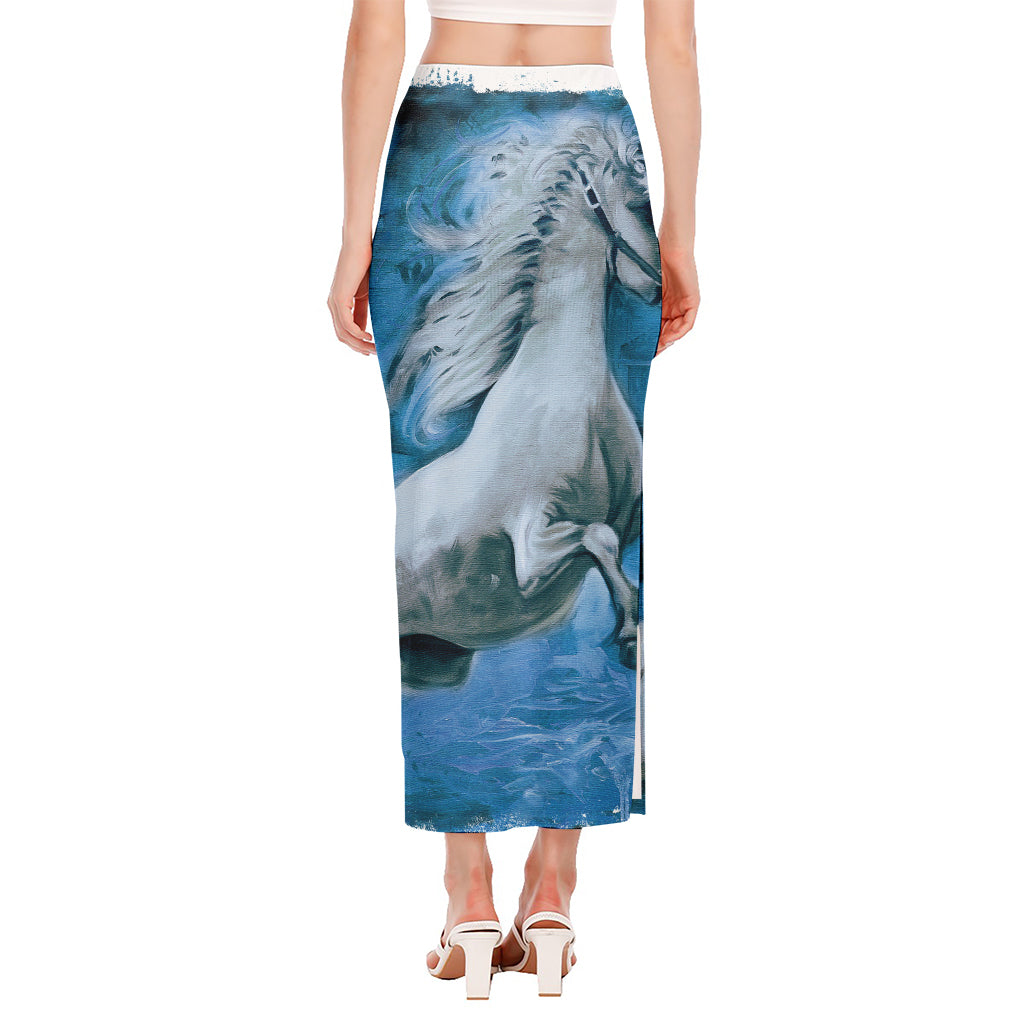 White Horse Painting Print Side Slit Maxi Skirt