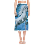 White Horse Painting Print Side Slit Midi Skirt