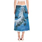 White Horse Painting Print Side Slit Midi Skirt