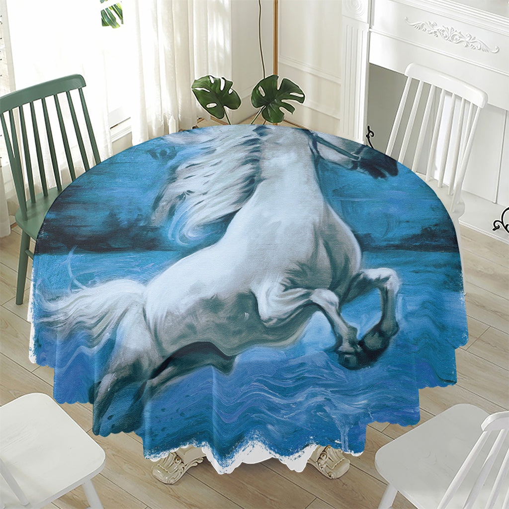 White Horse Painting Print Waterproof Round Tablecloth