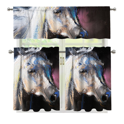 White Horse Portrait Print 3 Piece Kitchen Curtains